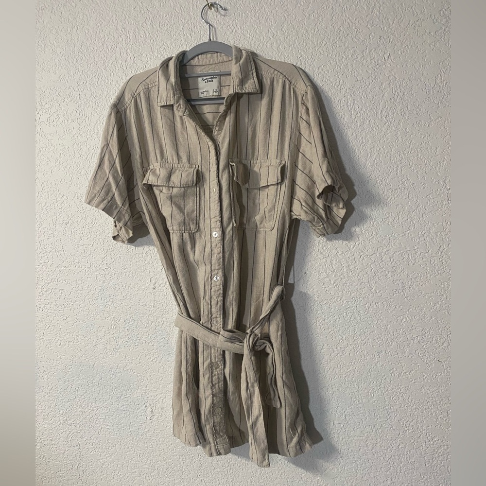 Abercrombie & Fitch Tan Striped Mini Shirt Boho style dress with front tie - Picture 2 of 7